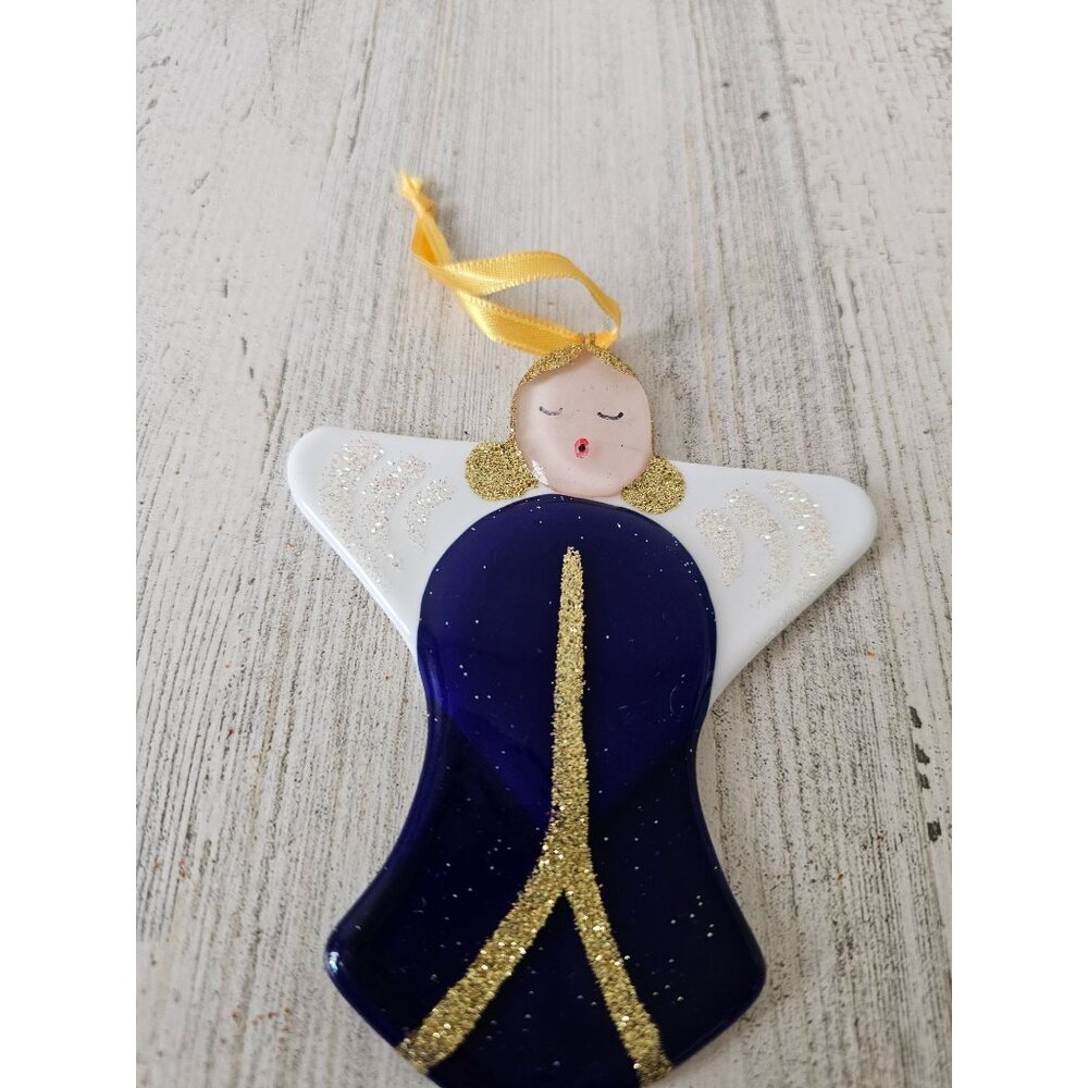 Pier 1 Murano angel glass glitter ornament blue Xmas tree cherub
